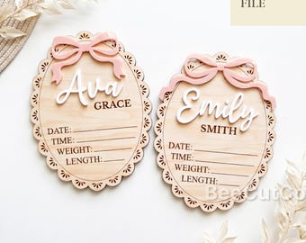 Baby Name and Stats Sign Svg, Birth Announcement Scalloped Plaque, Glowforge, Laser Cut File