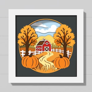 3D höstlada skugglåda SVG, höstgårdslandskap SVG, lagerpapperskuren skugglåda, bondgård, DIY höstdekor för Cricut och Silhouette