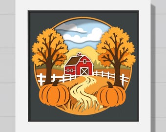 3D Fall Barn Shadow Box SVG, Autumn Farm Landscape SVG, Layered Paper Cut Shadow Box, Farmhouse, DIY Fall Decor for Cricut & Silhouette