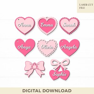 Pacchetto di etichette per cestini di San Valentino in formato SVG, cuore a forma di conchiglia, fiocco Coquette, ciliegie, etichetta con nome personalizzata, per Cricut, Glowforge, file tagliato al laser