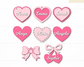 Valentine's Day Basket Tag Bundle Svg, Scallop Heart, Coquette Bow, Cherries, Custom Name Tag, For Cricut, Glowforge, Laser Cut File