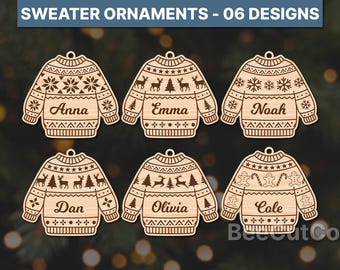 Christmas Sweater Ornament Bundle Svg, Ugly Sweater, Personalized Name, For Glowforge, 06 Laser Cut Files