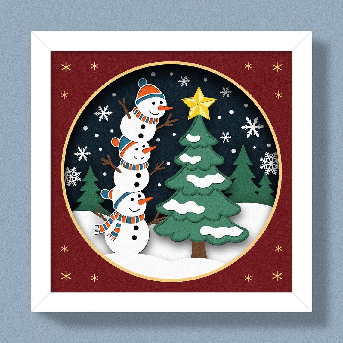 3D Snowman Shadow Box Svg, Layered Snowman Stacking Tree Star Papercut ...