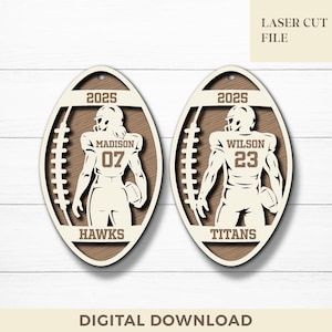 May include: Two laser-cut football-shaped ornaments. Each features a football player silhouette with a jersey number and name, set against a brown background. The text "2025" is at the top, with "HAWKS" and "TITANS" at the bottom. The words "LASER CUT FILE" and "DIGITAL DOWNLOAD" are also present.