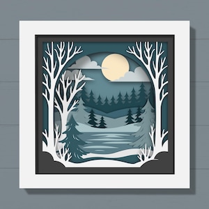 3D Winter Landscape Shadow Box SVG, Layered Template, DIY Cardstock Papercut Wall Decor, Snow Trees, River, Christmas Craft File, For Cricut