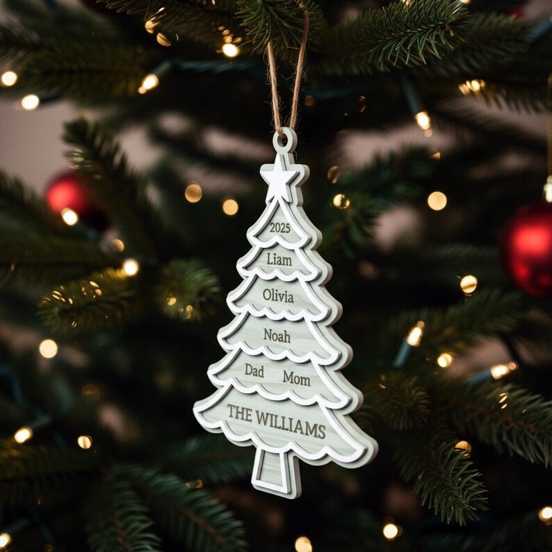 May include: A white and gray Christmas tree ornament with the year 2025, names Liam, Olivia, Noah, Dad, Mom, and the family name "THE WILLIAMS" engraved on it. The ornament is hanging from a brown string on a Christmas tree.