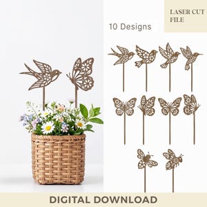 Bird Plant Stakes Bundle Svg, Floral Wood Bird Topper Pot Decor, Glowforge, Laser Cut File