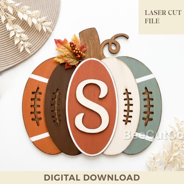 Personalized Football Pumpkin Door Hanger Svg, Rustic Fall Monogram Sign, Sports Decor, Glowforge, Laser Cut File