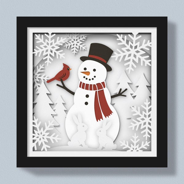 3D Snowman Shadow Box Svg, Christmas Snowflake Cardinal Scene, Winter Layered Paper Craft, For Silhouette, Cricut