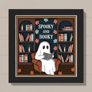 3D Ghost Reading Shadow Box Svg, Halloween Cute Spooky Ghost, Fall Library Paper Cut File, Layered Cardstock, Book Lover Decor, for Cricut