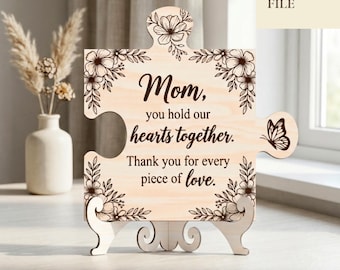 Letrero de pieza de rompecabezas para mamá en formato SVG, placa de madera floral en formato SVG, regalo para el Día de la Madre, Glowforge, archivo de corte láser.