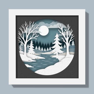 3D Winter Landscape Shadow Box SVG, Layered Template, DIY Cardstock Papercut Wall Decor, Snow Trees, River, Christmas Craft File, For Cricut