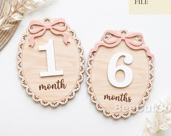 Baby Monthly Milestone Disc Svg, Bow Month Counter Scalloped Sign, Glowforge, Laser Cut File