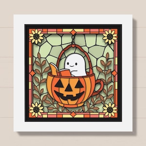 3D Cute Ghost Reading Shadow Box Svg, Pumpkin Teacup Stained Glass Svg, Halloween Layered Papercut, Sunflower Fall Cricut Svg, Autumn Decor