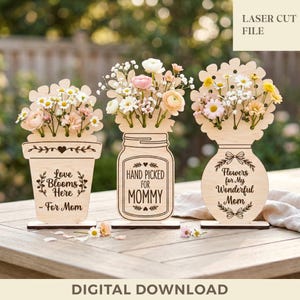 Handplockad för mamma blomma hållare bunt Svg, mors dag present, Glowforge, laserskuren fil
