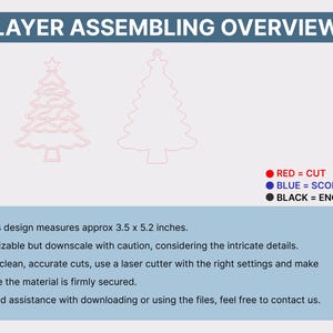 May include: Diagram titled "LAYER ASSEMBLING OVERVIEW" with two Christmas tree outlines. The design measures approximately 3.5 x 5.2 inches. Instructions include cut, score, and engrave details. Text advises using a laser cutter for clean cuts.
