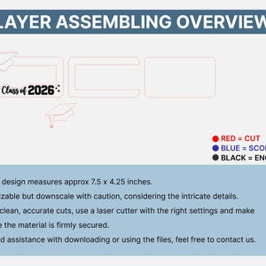 May include: A digital design overview with the text "LAYER ASSEMBLING OVERVIEW" and "Class of 2026". The design measures approximately 7.5 x 4.25 inches. Instructions include cut, score, and engrave details.