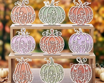 Floral Standing Pumpkin Bundle SVG, Fall Autumn Tabletop Decor, Glowforge, 09 Laser Cut Files