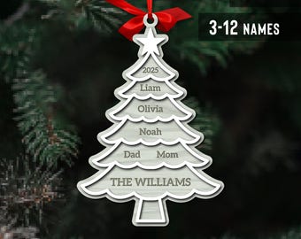 Family Christmas Tree Ornament Svg, Personalized Name Ornament , Winter Decoration, Up to 12 Names, Glowforge, Laser Cut File