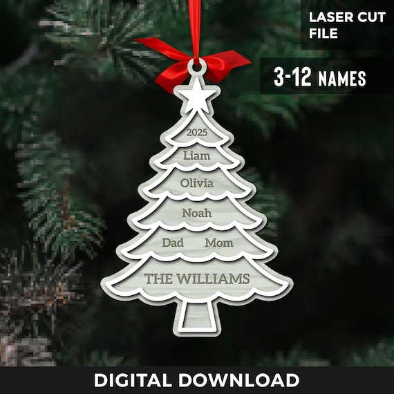 Family Christmas Tree Ornament Svg, Personalized Name Ornament , Winter Decoration, Up to 12 Names, Glowforge, Laser Cut File