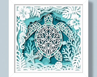 3D Sea Turtle Shadow Box Svg, Ocean Layered Paper Cut, Flower Svg, For Cricut