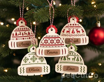 Christmas Beanie Hat Ornament Bundle Svg, Custom Name Ornament Svg, Layered Ornaments, For Glowforge, 6 Laser Cut Files