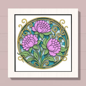 3D Floral Stained Glass Shadow Box Svg, Peony Paper Cut Design, Layered Flower Bouquet, Art Nouveau Decor Svg, Cardstock Project for Cricut