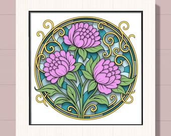 3D Floral Stained Glass Shadow Box Svg, Peony Paper Cut Design, Layered Flower Bouquet, Art Nouveau Decor Svg, Cardstock Project for Cricut
