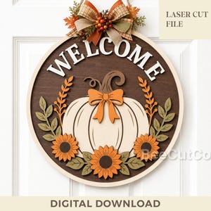 Welcome Pumpkin Sunflower Door Hanger SVG, Fall Thanksgiving Round Sign, Glowforge, Laser Cut File