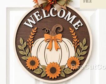 Welcome Pumpkin Sunflower Door Hanger SVG, Fall Thanksgiving Round Sign, Glowforge, Laser Cut File