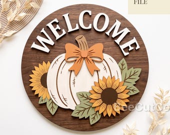 Welcome Pumpkin Sunflower Door Hanger SVG, Fall Thanksgiving Round Sign, Glowforge, Laser Cut File
