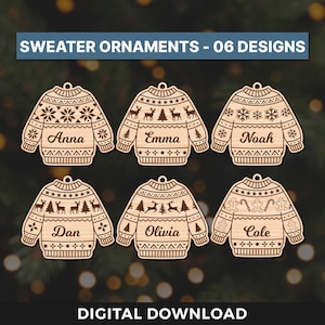 Może przedstawiać: Drewniane ozdoby w kształcie swetrów z imionami: Anna, Emma, Noah, Dan, Olivia i Cole. Każda ozdoba to wzór swetra z świątecznymi wzorami i pętelką do zawieszenia. Widoczny jest również tekst "SWEATER ORNAMENTS - 06 DESIGNS" i "DIGITAL DOWNLOAD".