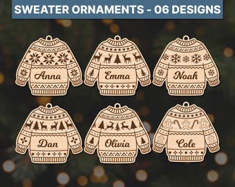 Christmas Sweater Ornament Bundle Svg, Ugly Sweater, Personalized Name, For Glowforge, 06 Laser Cut Files