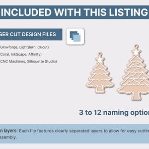 May include: Image features laser cut design files for Christmas tree ornaments. The design files are available in SVG, EPS, and DXF formats. The text "INCLUDED WITH THIS LISTING" and "LASER CUT DESIGN FILES" are displayed. The image also includes the text "3 to 12 naming options".