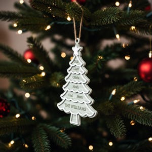 May include: A white and gray Christmas tree ornament with the names Liam, Olivia, Noah, Dad, and Mom, and the family name "THE WILLIAMS" printed on it. The ornament is hanging on a Christmas tree.