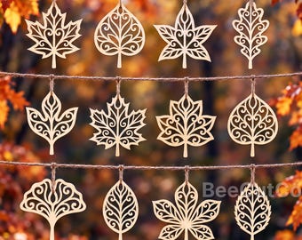Fall Leaves Bundle SVG, Autumn Leaf Ornament Decor, Glowforge, 12 Laser Cut Files