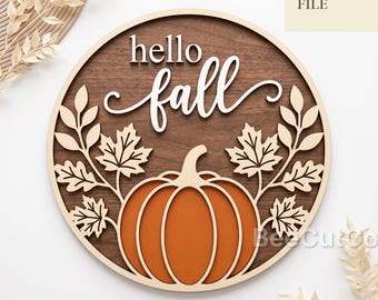Hello Fall Door Hanger Svg, Pumpkin Floral Round Sign, Glowforge, Laser Cut File