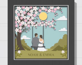 3D Cherry Blossom Wedding Shadow Box Svg, Couple on Swing Scene, Personalized Name Svg, 3D Flowers Svg, Layered Anniversary Gift, for Cricut