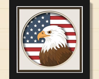 Caixa de sombra 3D com águia americana em SVG, SVG patriótico com camadas de águia-careca, caixa de luz recortada em papel com a bandeira do 4 de julho, SVG para o Dia da Independência para Cricut