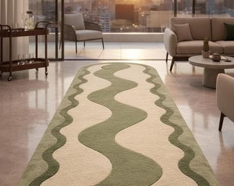 Wavy Green Runner Rug, Modern Irregular Abstract Area Rug, Funky Home Décor Wool tufted Carpet, Luxury Handmade Rugs, Long Carpet Décor