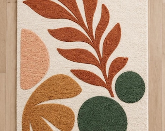Botanical Bliss Hand-Tufted Wool Rug – Warm Earthy Tones & Abstract Leaf Design for a Cozy, Modern Living Room or Hygge-Inspired Space.