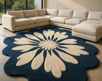 Hand Tufted Wool Rug | Blue Floral Flower Design, Modern Living Room and Hall, Handmade Look, Farmhouse Décor Carpet for Bedroom