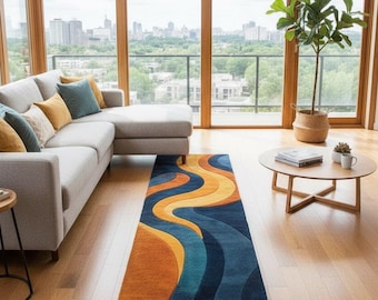 Handgetuft wollen loper - Abstract blauw en oranje golvend design - Modern haltapijt in mid-century stijl - Kleurrijk entreekleed