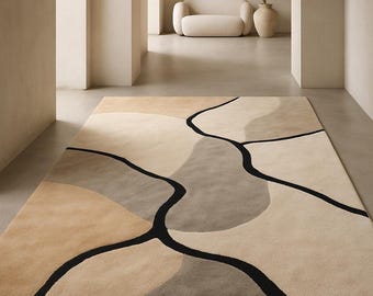 Handmade Modern Hand-Tufted Wool Abstract Area Rug, Beige Brown Black Organic Living Room, Bedroom and Hallway Areas Carpet