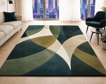 Hand Tufted Wool Rug, Mid Century Modern Geometric Area Carpet, Teal & Olive Green Abstract Floor Mat, Designer Living Room Home Décor