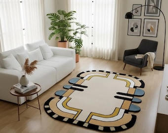 Hand Tufted Wool Rug, Handmade Oval Shaped Rugs Modern Geometric Designer Area Rug for Living Room – Luxury Abstract Carpet for Home Décor