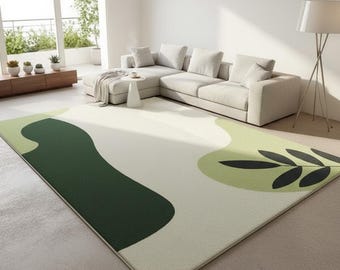 Nowoczesny dywan ręcznie tkany, abstrakcyjny wzór liści w kolorze szałwiowej zieleni i kremu, współczesny wełniany dywan do salonu, minimalistyczny wystrój