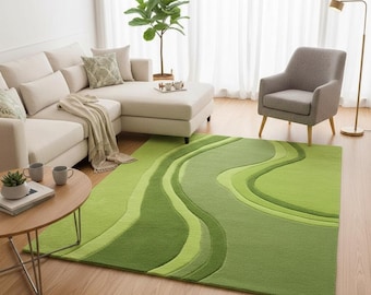 Modern Hand Tufted Wool Rugs - Green Abstract Wavy Area Rug - Contemporary Soft Living Room Carpet - Minimalist Nature Inspired Home Décor