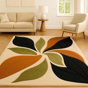 Modern Leaf Pattern Area Rug in Green and Orange for Living Room Décor and Hall, Hand-Tufted Wool Rugs, Farmhouse Décor Carpet for Bedroom