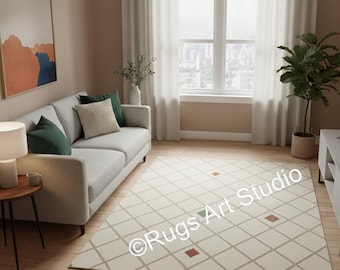 Hand Tufted Wool Rug, Ivory Beige Geometric Area Rug, Modern Grid Carpet, Handmade Minimalist Rug, Scandinavian Living Room Decor